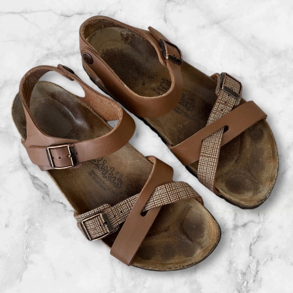 Birkenstock Birkis Lillie Brown Size 8 Plaid Leather Flat Sandals Women’s - Picture 1 of 13